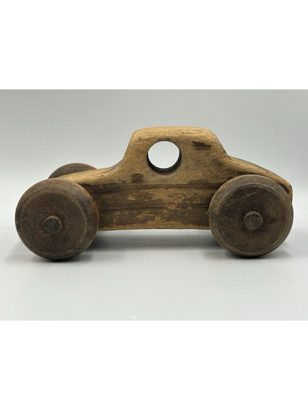 Vintage Wooden Push Toy Car Primitive Folk Art 4 Wheel Handle Rustic Antique